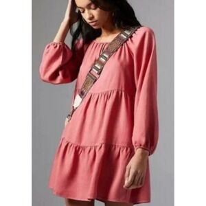 Amadi Anthropologie Dress Womens Small Red Mini Tiered Tunic Long Sleeve‎ Preppy